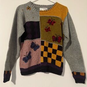 Vintage Tanglewood Multicolor Butterfly Print Grey Sweater